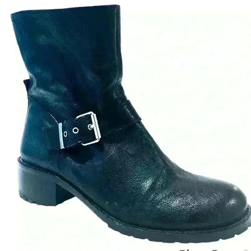 COMBAT BOOTS  LORD & TAYLOR BLACK LEATHER ROUND TOE ANKLE BOOTIES BLOCK HEELS 39